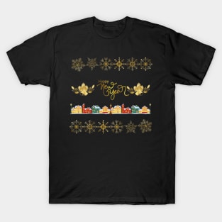 Happy New Year Christmas Village with Snowflakes and Bells T-Shirt